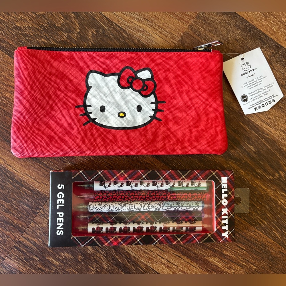 Hello Kitty by Sanrio 5 Gel Pens and Pencil Pouch Bundle NWT Red